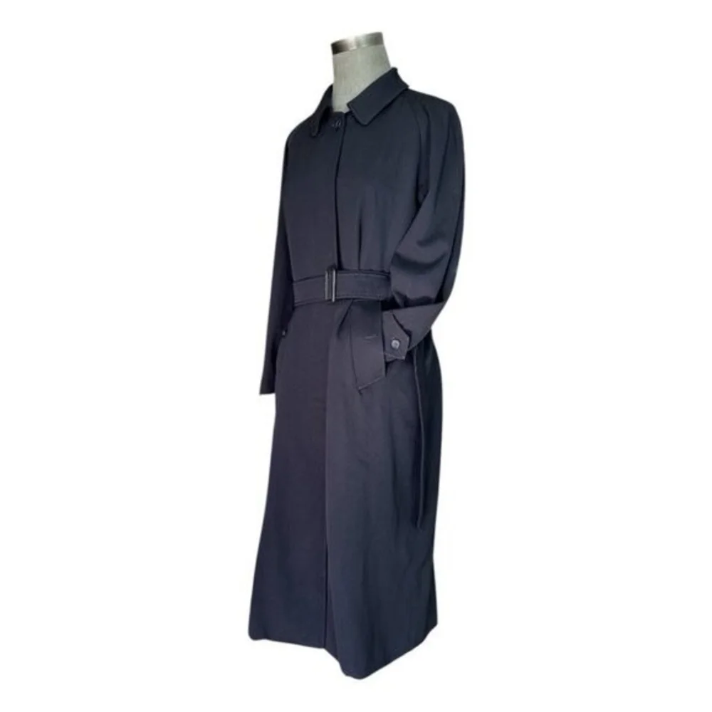 Authentic Burberry 100% Wool Navy Blue Midi Trench Coat Women's 10 Waterproof - Picture 3 of 13